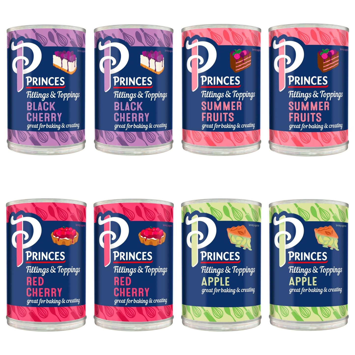 Princes Fruit Fillings and Topping Bundle- Black Cherry, Red Cherry, Summer Fruits and Apple 395g x 8 Tins