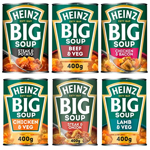 Heinz Big Soup Bundle 6 x 400g Tins, Steak & Potato, Beef & veg, Chicken & Bacon, Chicken & Veg, Steak & Onion and Lamb & Veg